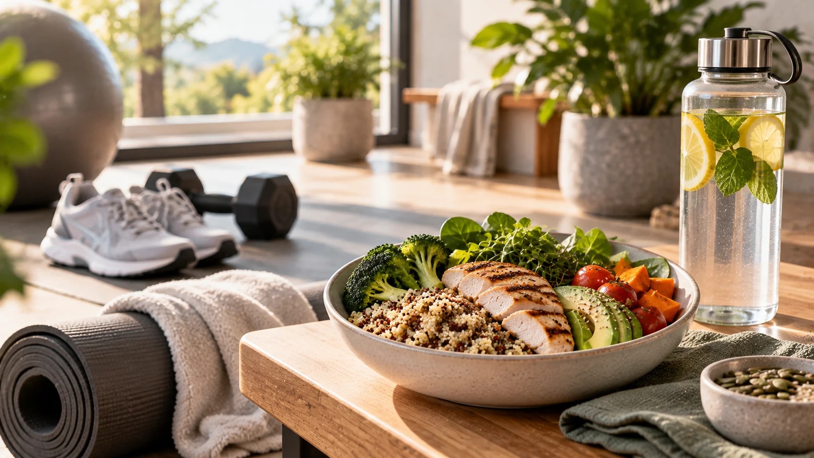 Proteinreiche Bowl mit Hähnchen, Quinoa und Gemüse neben Wasserflasche, Hanteln und Sportschuhen