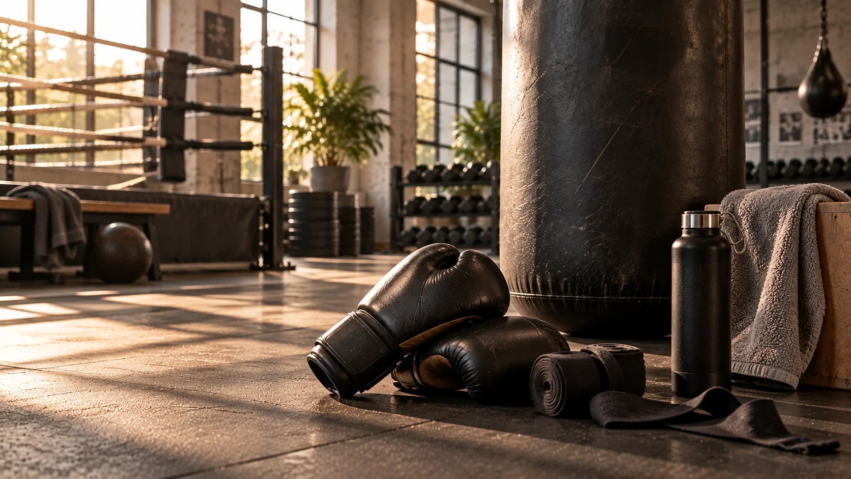 Boxhandschuhe, Bandagen und Wasserflasche vor einem Boxsack in einem Boxstudio