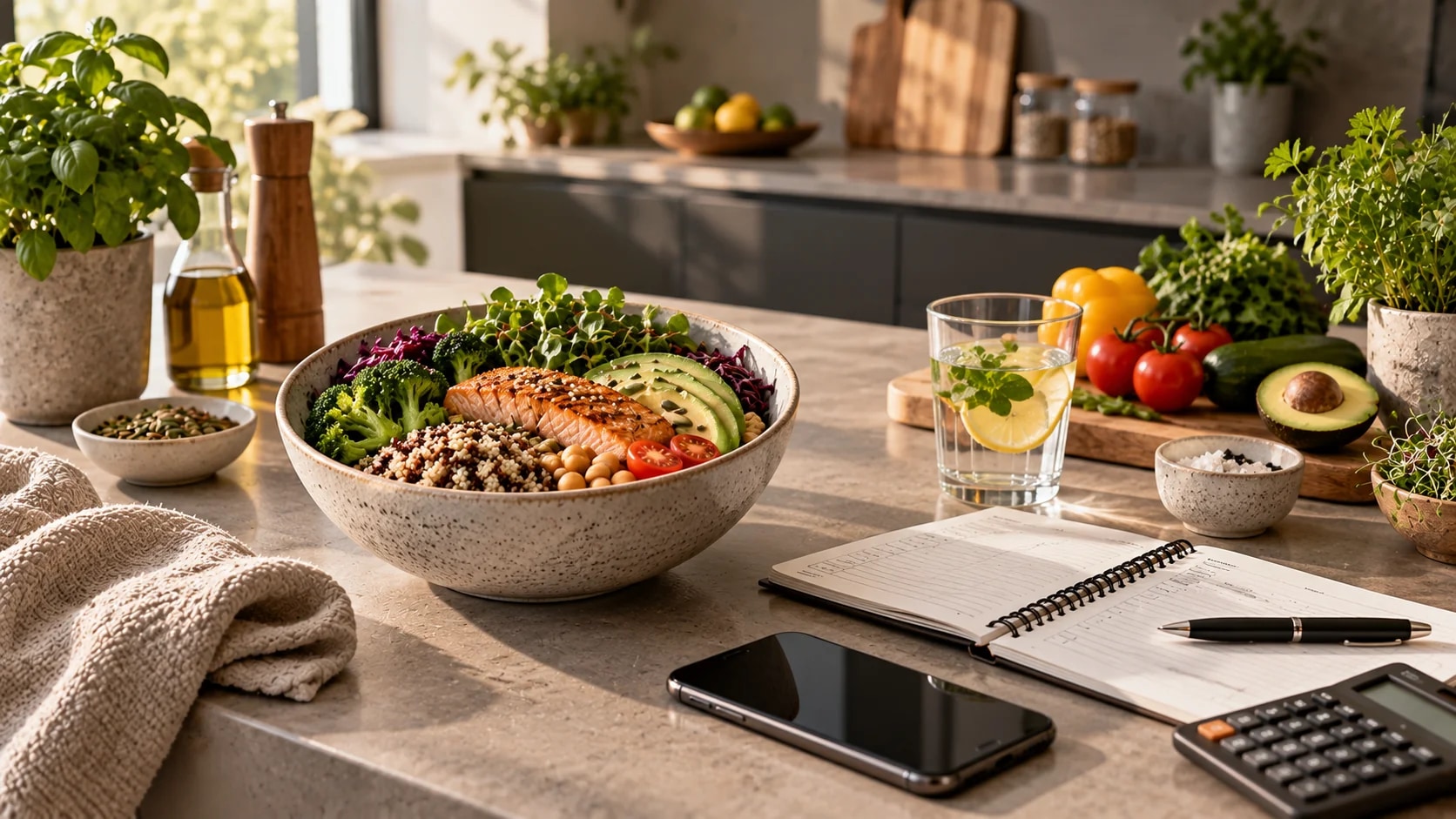 Lachs-Bowl mit Quinoa und Gemüse neben Notizbuch, Taschenrechner und frischen Zutaten