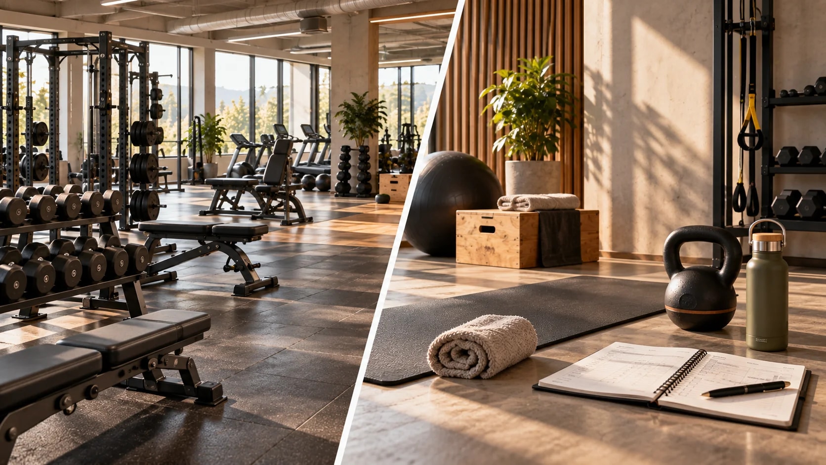 Geteiltes Motiv: Fitnessstudio mit Hantelbereich links und Trainingsmatte mit Kettlebell rechts