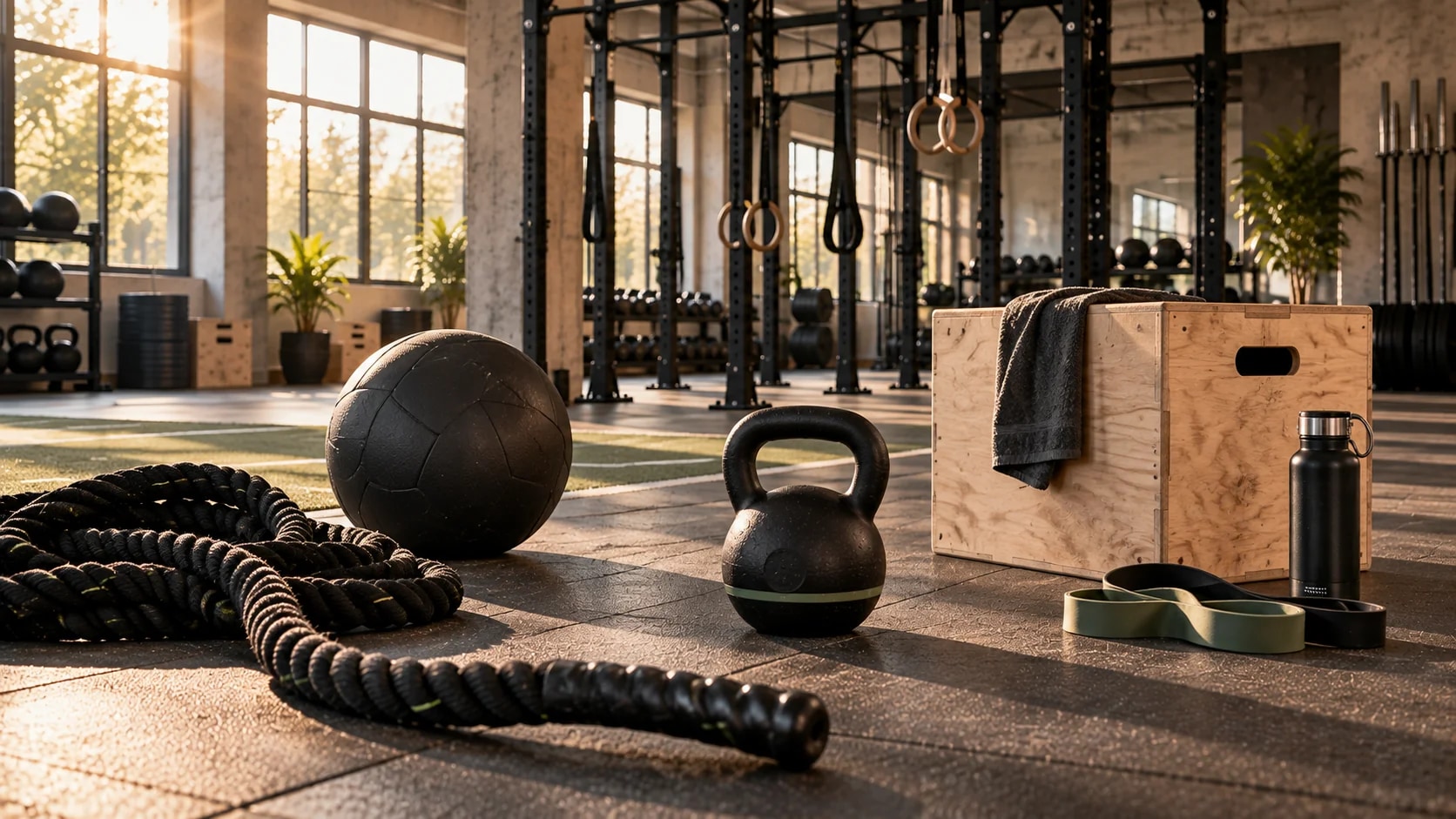 Battle Rope, Medizinball und Kettlebell vor einem Functional-Training-Rig
