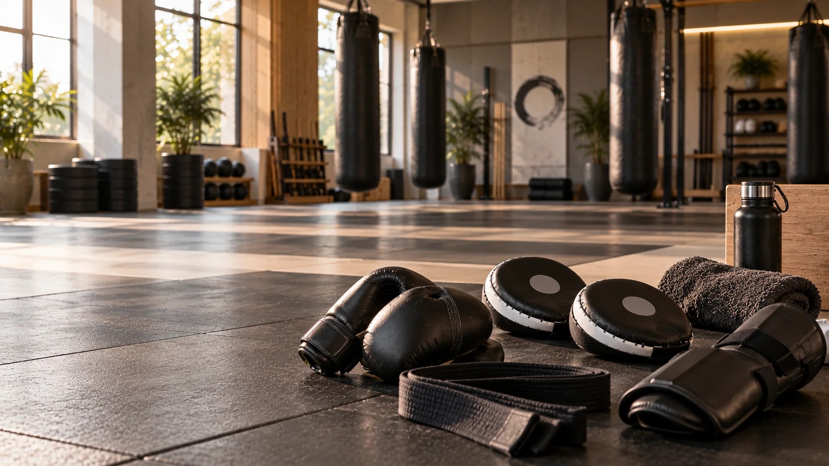 Boxhandschuhe, Pratze und Gürtel auf der Matte einer Kampfsportschule mit Boxsäcken im Hintergrund