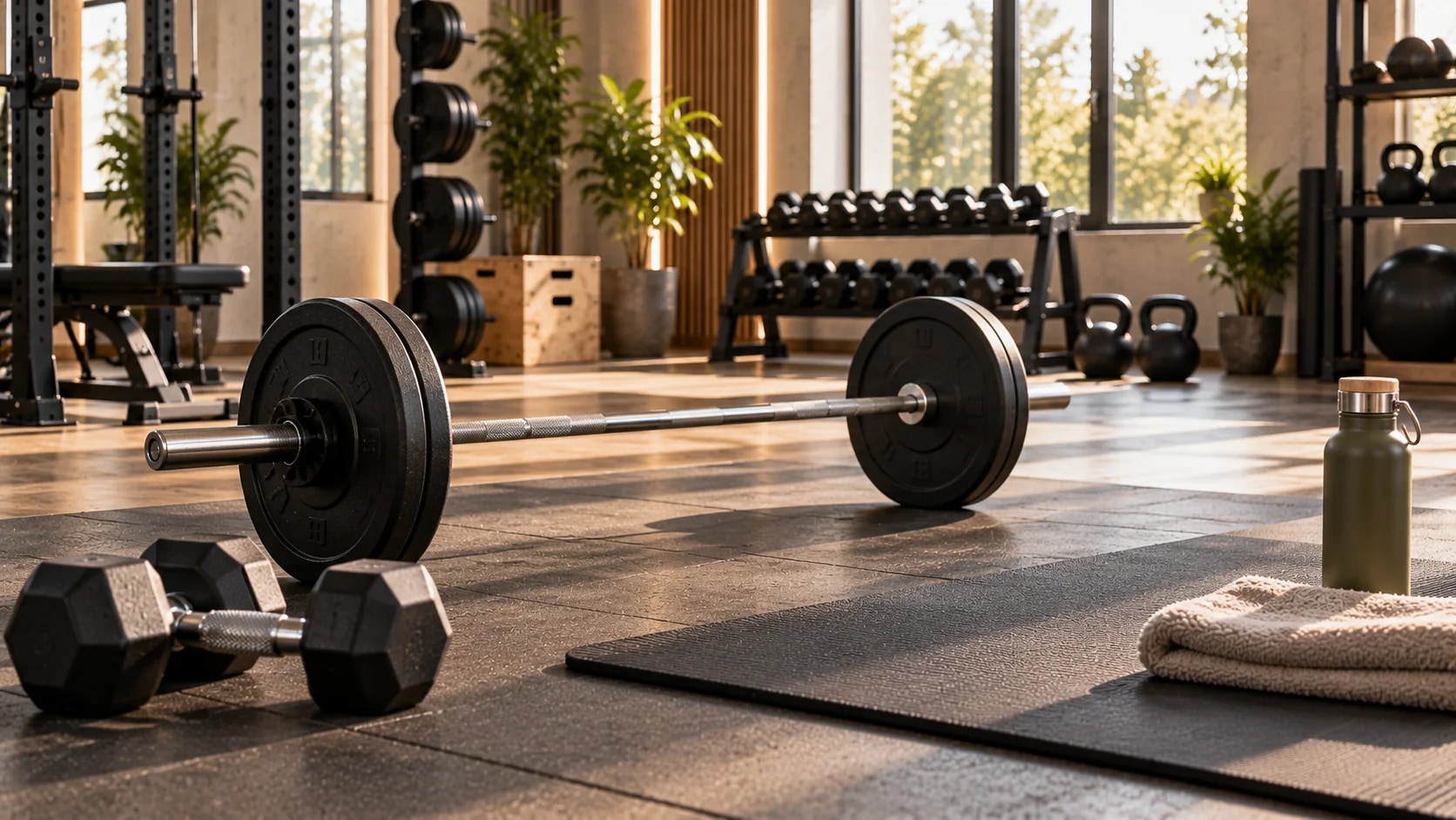 Langhantel und Kurzhanteln auf einer Trainingsmatte in einem hellen Fitnessstudio