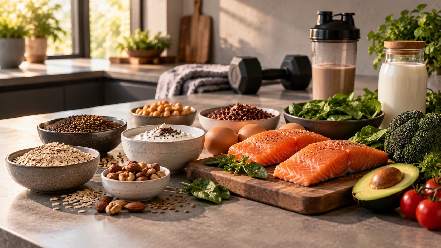 Proteinreiche Lebensmittel: Lachs, Eier, Quark, Hülsenfrüchte, Nüsse und ein Protein-Shake