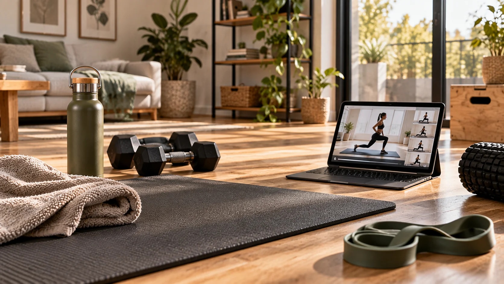 Yogamatte und Hanteln vor einem Laptop mit Video-Training in einem Wohnzimmer