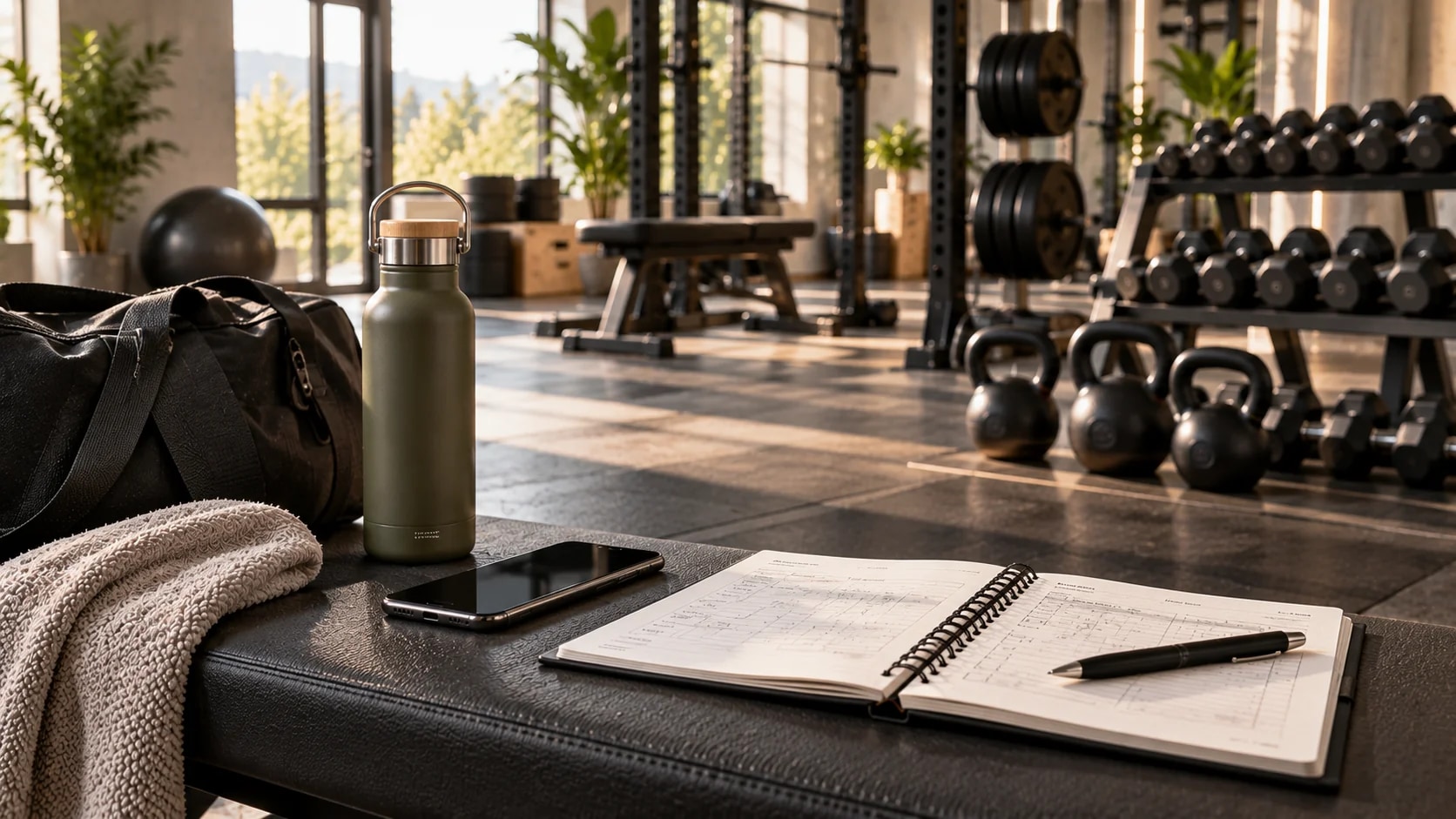 Sporttasche, Notizbuch und Wasserflasche auf einer Bank in einem Fitnessstudio