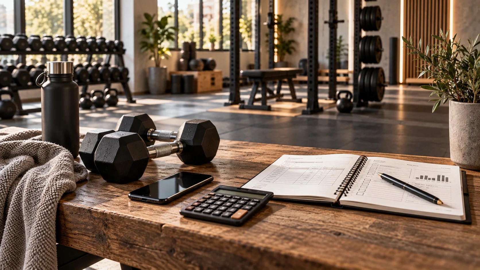 Taschenrechner, Trainingsplan und Hanteln auf einem Holztisch in einem Fitnessstudio