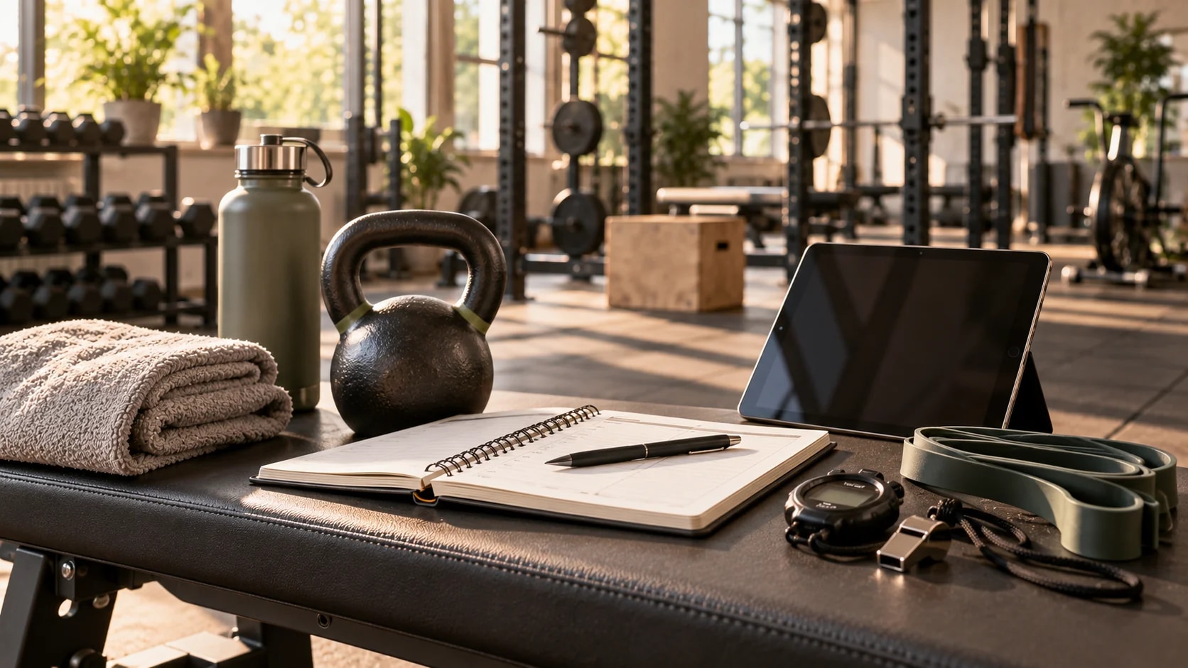 Trainingsplan, Tablet, Kettlebell und Trillerpfeife auf einer Hantelbank im Studio