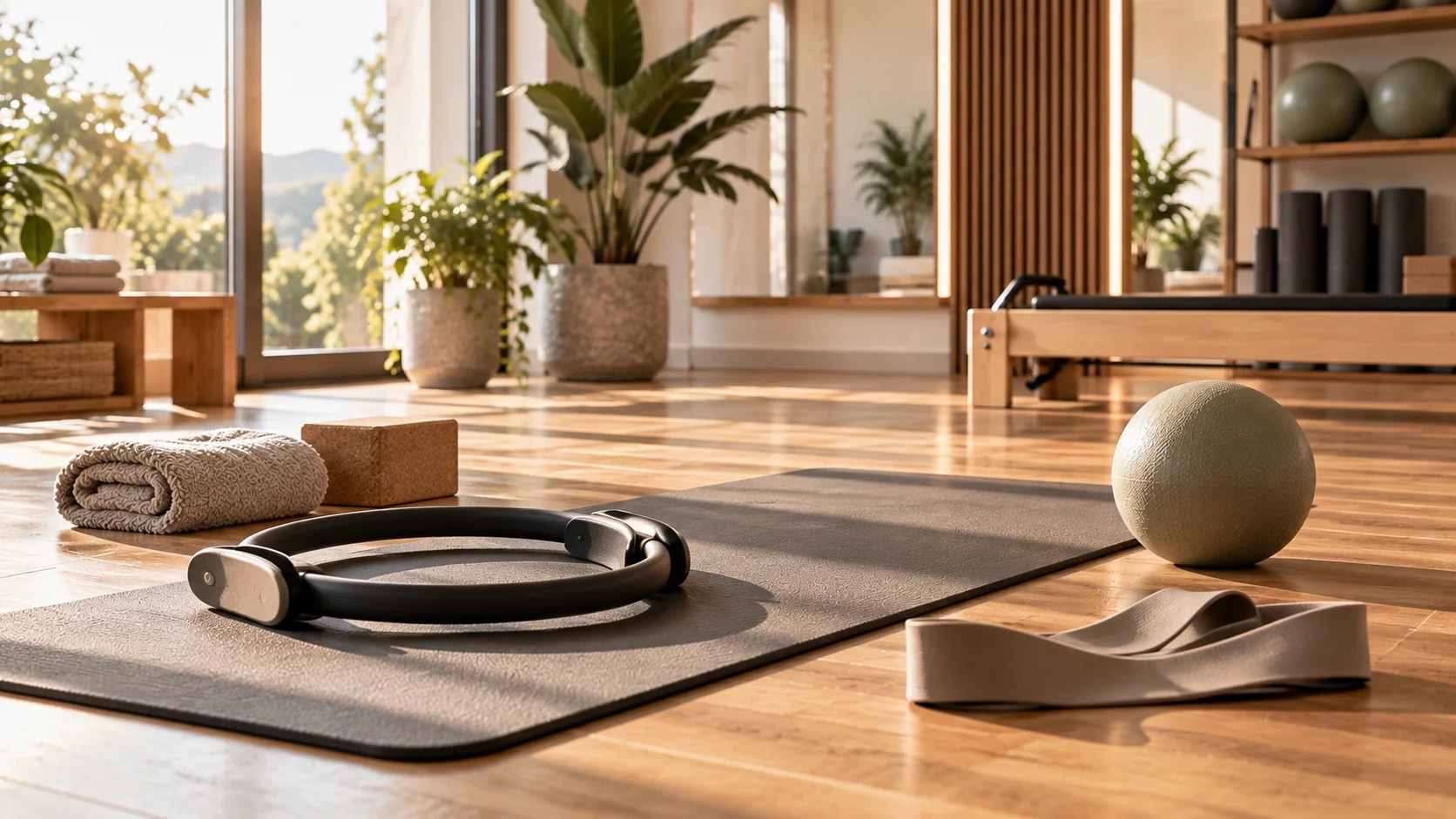 Pilates-Matte mit Magic Circle, Block und Gymnastikball in einem hellen Studio