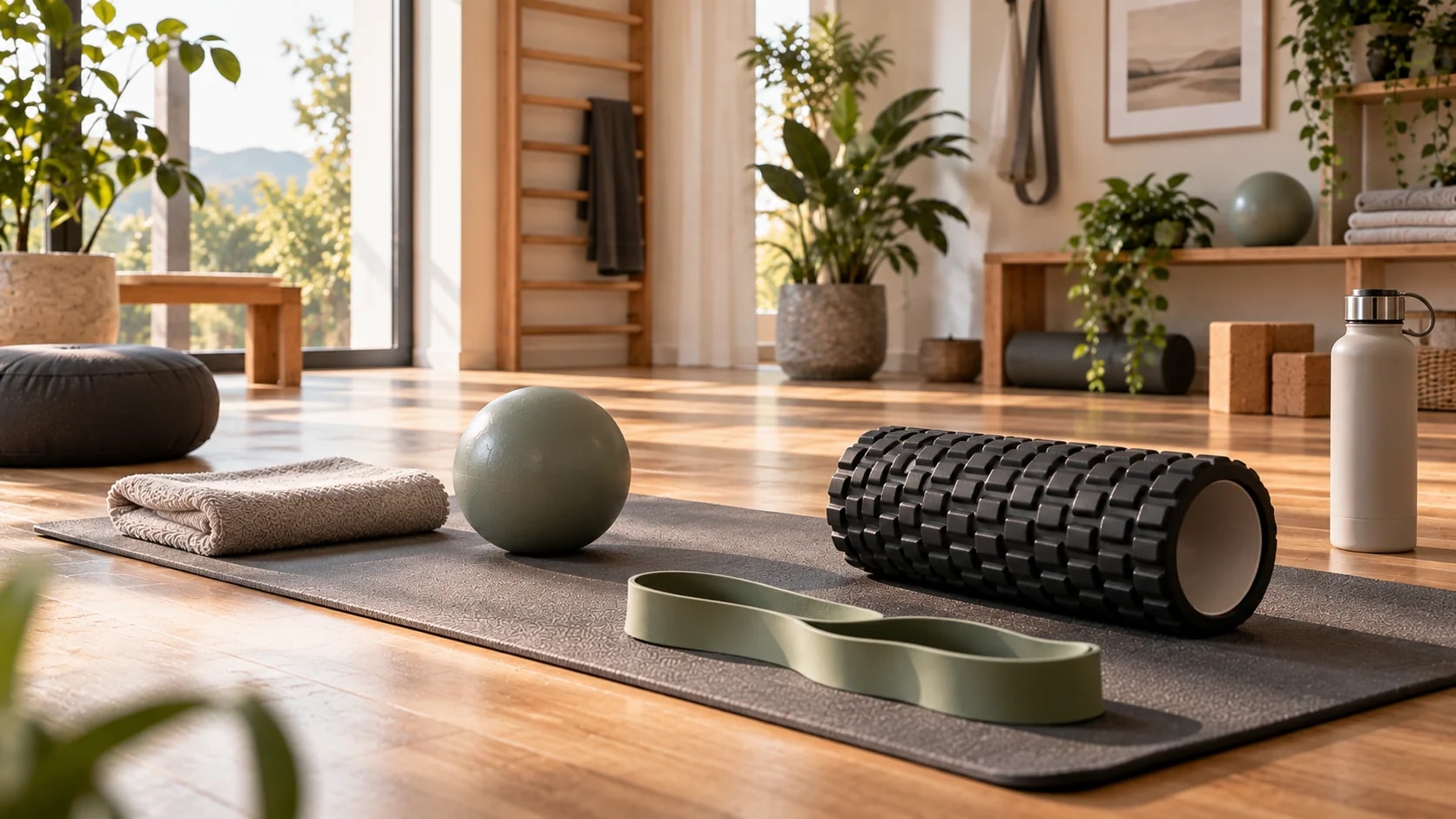 Faszienrolle, Gymnastikband und Ball auf einer Trainingsmatte in einem hellen Raum