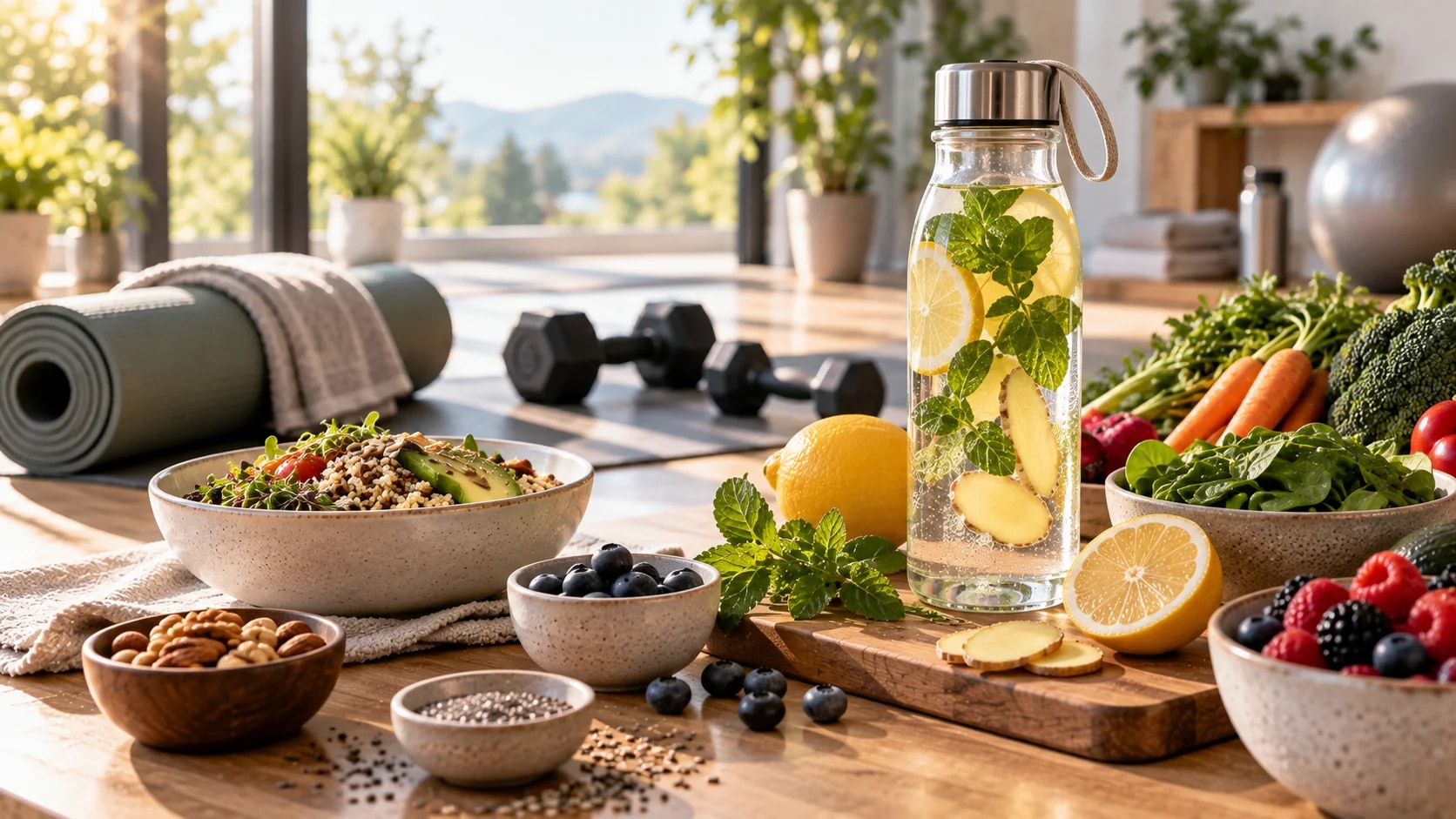 Ingwer-Zitronen-Wasser, bunte Bowl und frisches Obst neben Hanteln und Yogamatte