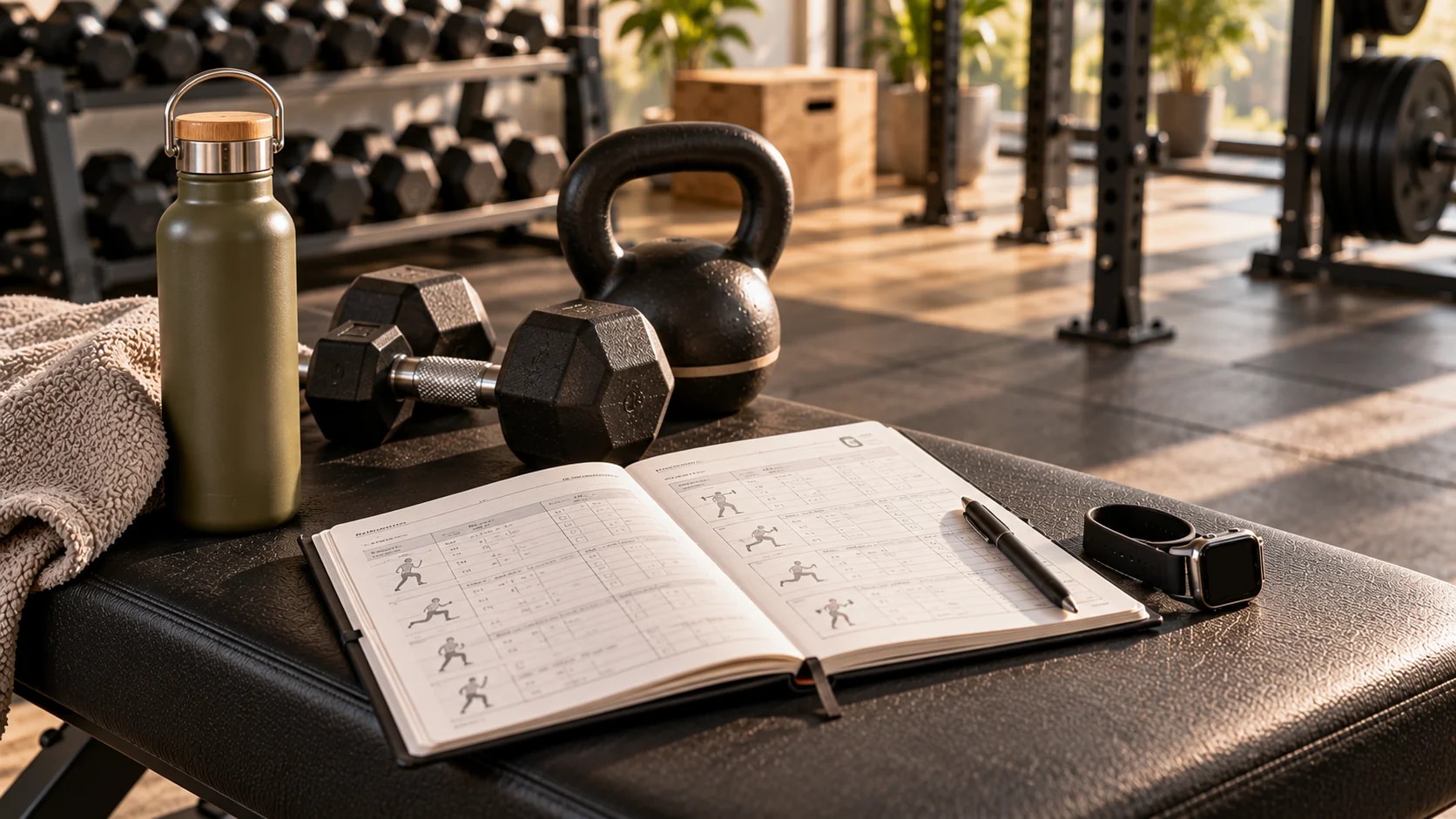 Aufgeschlagener Trainingsplan mit Übungszeichnungen neben Kettlebell und Hanteln