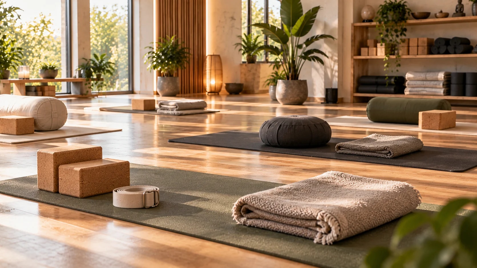Mehrere Yogamatten mit Bolster, Blöcken und Decken in einem hellen Yogastudio