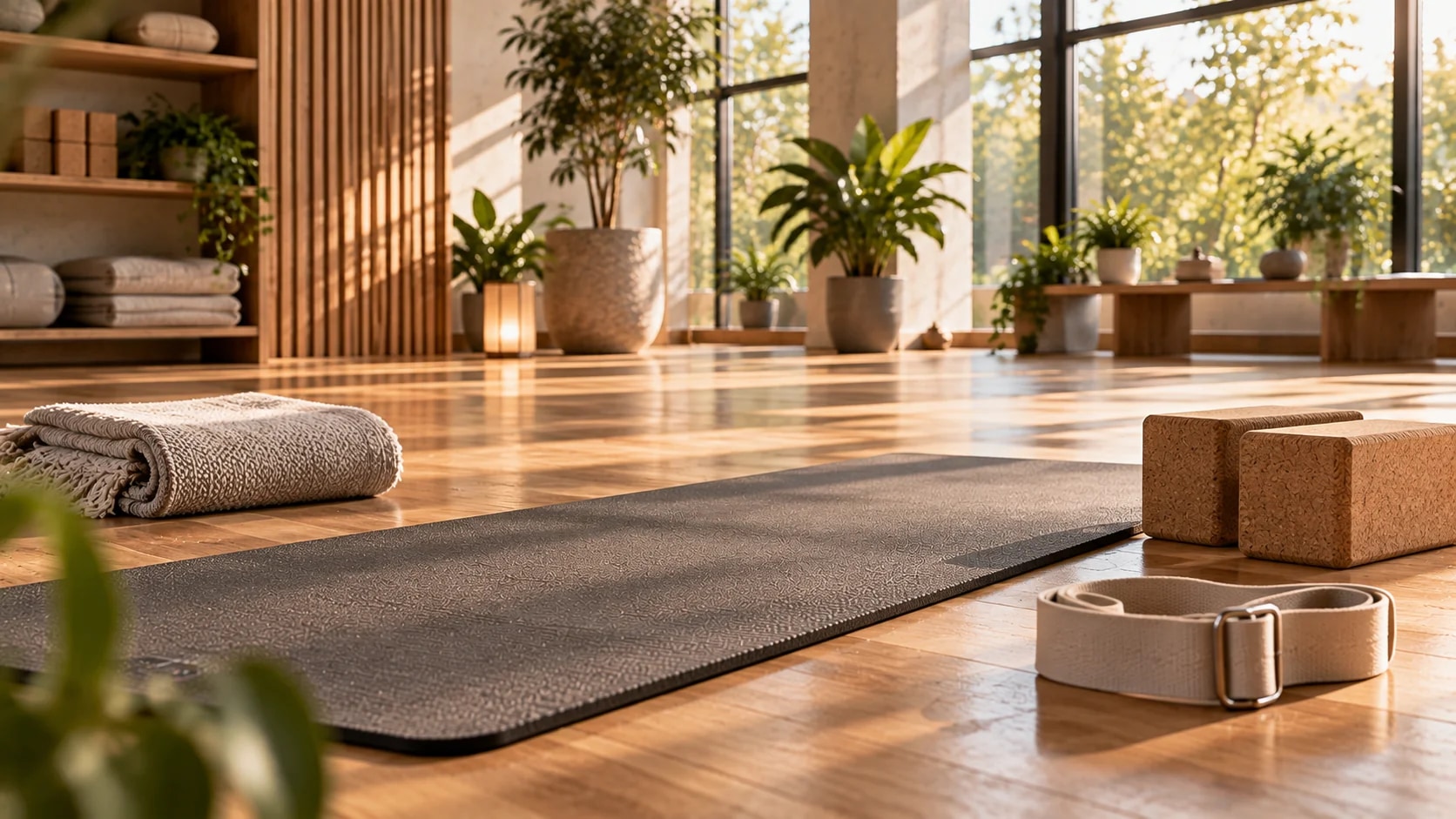 Yogamatte mit Korkblöcken, Gurt und Decke in einem hellen Yogastudio